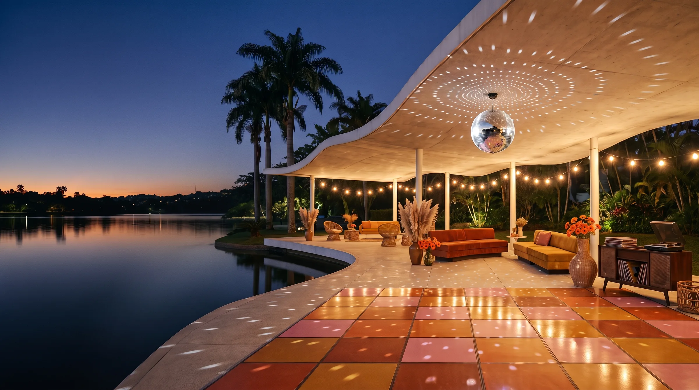 Casa modernista de concreto curvo à beira da lagoa da Pampulha, à noite, com pista de dança iluminada e bola espelhada